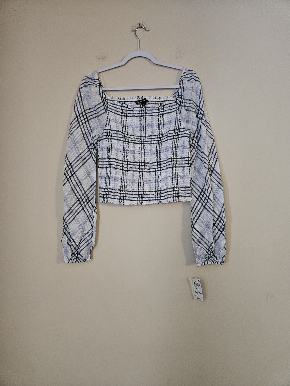 INC Women’s White Plaid Long-Sleeve Off The Shoulder Top, Size Medium